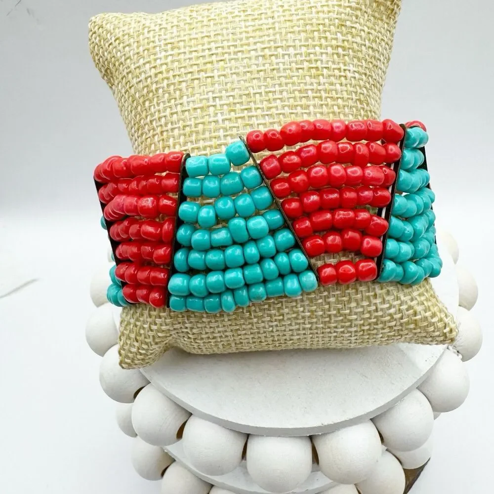 Coral Turquoise Glass Seed Bead Color Block Stretch Bracelet Boho Southwest